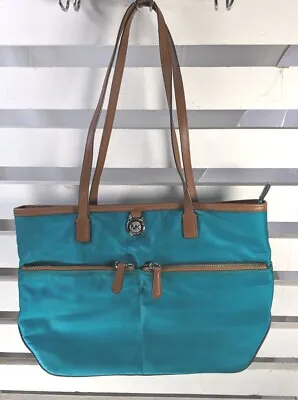Michael Kors Kempton Aqua Teal Nylon Brown Leather Medium Pocket Tote Handbag • $42.74