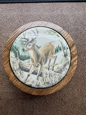 VTG Round Wooden Trinket Box Buck/Deer Image Ceramic Top Soap Inside 3.5” • $9.99