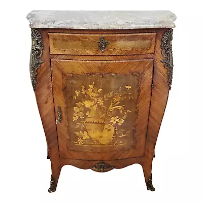 BIG Antique FRENCH 19th C Louis XV MARBLE TOP Bronze & INLAID Buffet BAR CABINET • $1285