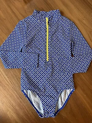 Mini Boden Girl Swimsuit Sz 5-6 Blue Geometric One Piece Rashguard • $10.95