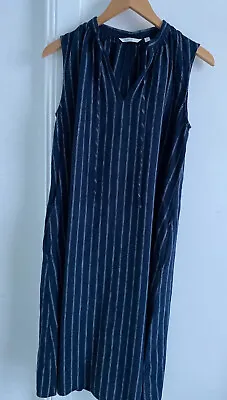 $15 • Buy Uniqlo Navy Blue Striped Linen Blend  Oversized Sleeveless Long Dress Small