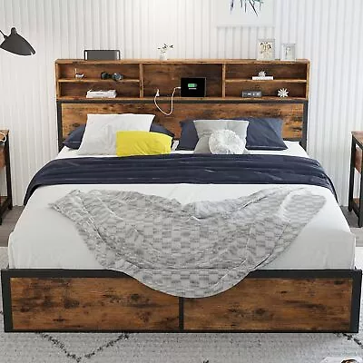 LIKIMIO Full Size Bed Frame With Tall Bookcase Headboard And Charging Station S • $561.20