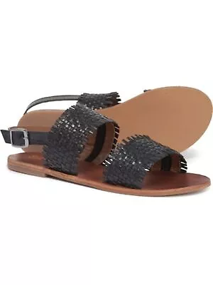 SPLENDID Womens Black Woven Thomas Round Toe Block Heel Leather Sandals 6.5 • $13.99