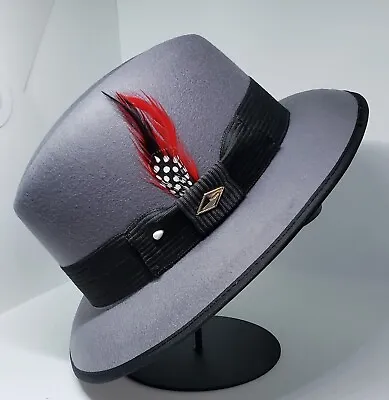 Mens Classic Gray Felt Lowrider Hat Fedora Red Black  Rooster Feather • $44.95