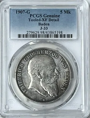 GERMAN EMPIRE - Baden - Silver 5 Mark 1907G - Km-274 - PCGS XF Details (Tooled) • $100