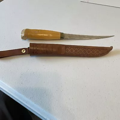 Vintage J. MARTTIINI Fishing Filet Knife W/ Leather Sheath - Made In Finland • $14.99