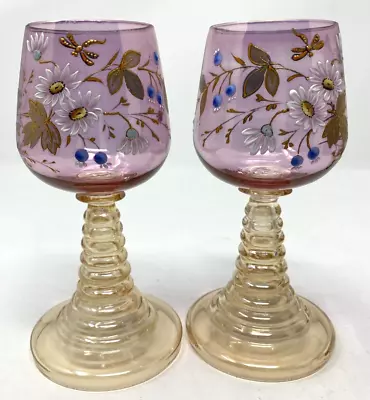 2-Moser Cranberry & Amber Glass Dragonflies & Daisies Wine Glasses 6  T • $50