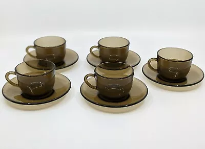 Vintage Vereco French Set Of 5 Tempered Smoke Glass Teacups And Saucers France • $50