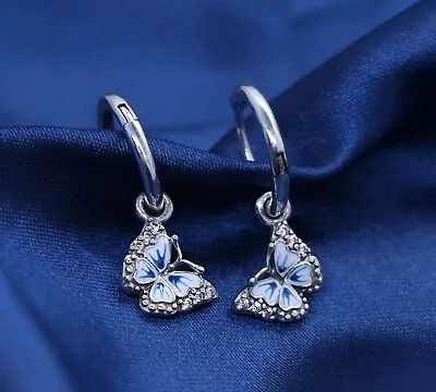 New Silver Blue Butterfly Pandora Womens Hoop  Cubic Zirconia Earrings S925 Ale • £20.98