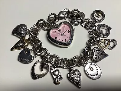 Brighton Pink Face Heart Watch With 12 Charms Silver Tone Bracelet Vintage • $24.99