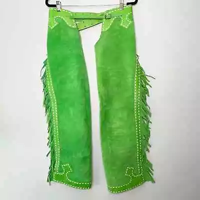 Vintage Kelly Green Suede Leather White Stitch Detail Fringed Chaps Sizes S To L • $289.89