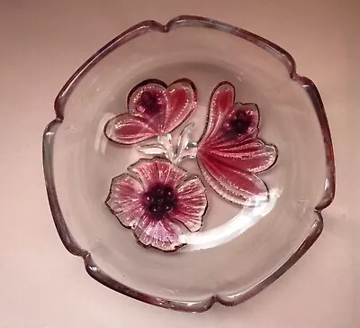 Walther Kristallglass Round Fruit Bowl -reddish Pinkish Flowers - Heavy Glass • £12