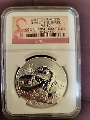 NGC MS70 2013 TOKELAU $5 YEAR OF THE SNAKE 1 Oz .999 SILVER PF70  (026) • $115