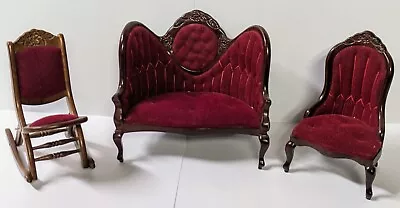 Vintage Victorian Red Velvet Miniature Mahogany Wood Dollhouse Settee Sofa Chair • $29.99