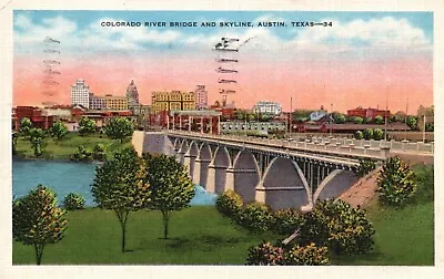 Postcard TX Austin Colorado River Bridge & Skyline 1936 Linen Vintage PC J2564 • $2