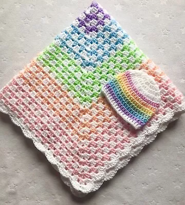 Crochet Rainbow Baby Blanket Gift Set - Pastel And White - Blanket And Hat • £10