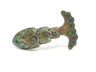 Margot De Taxco Mexico Sterling & Green Confetti Enamel Segmented Fish Brooch • $149.95