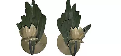 Pair Vintage Floral Tole Green Tulip Flower Wall Sconce Shabby Candle Holder • $75