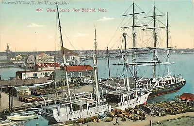 Wharf Scene New Bedford MA Undivided Back Postcard Sailing Ships 1909 Postmark • £5.70
