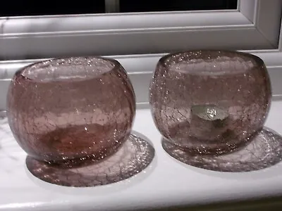 Pair Of Crackled Glass Tealight Holders In Rose Pink Colour • £1.99