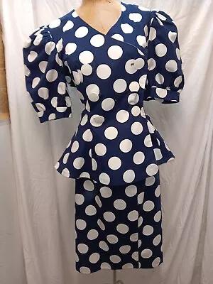 1980's Black & White Polka Dot Peplum Jacket & Skirt Set Leslie Lucks M/L 14 • $29