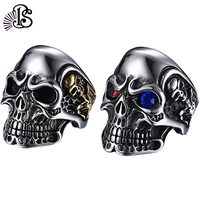 Mens Punk Gothic Skull Ring Gold Plated Stainless Steel Biker Men Band Size 7-13 • $13.99