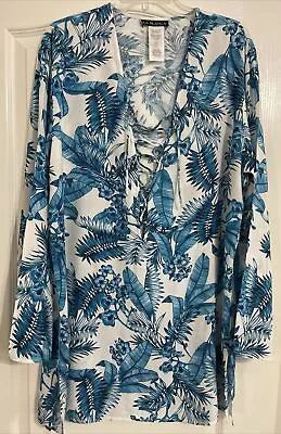 La Blanca Lace Up Front Swimsuit Cover Up Tunic Dress Blue Palm Large Tropical • $21