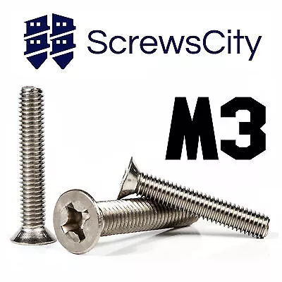 M3 (3mm Ø) PHILLIPS MACHINE SCREWS COUNTERSUNK FLAT HEAD BOLTS STAINLESS STEEL • £2.22