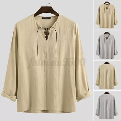 Mens Linen Shirt Long Sleeve Retro V Neck Linen Blouse Lace Up Baggy Shirts Tops • $15.76