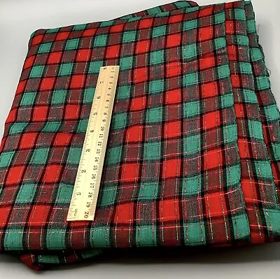 Vintage COTTON BLEND GREEN RED PLAID Fabric With Metallic Accents Bty • $13.95