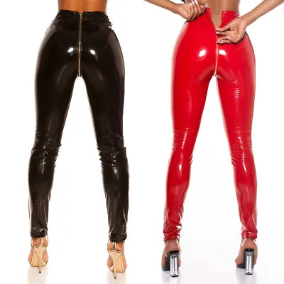 Latex Look Leggings Crotch Back Zip Shiny Leather Pants KouCla - Black & Red • £34.95