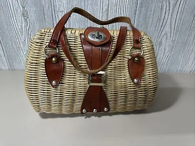 Vintage 1950s Wicker Leather Purse Hand Made British Hong Kong Satchel Handbag • $35