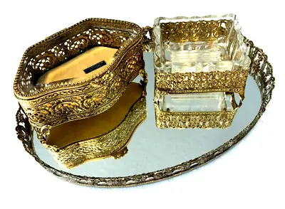 VTG 24K Gold Plated Filigree Ormolu Jewelry Casket Box W/Soap Dish & Mirror LOT • $39.99