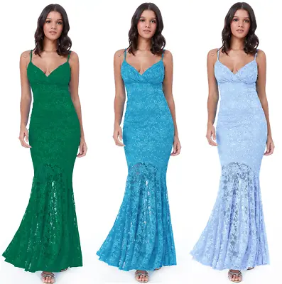 Goddiva Strappy Lace Fishtail Maxi Evening Party Dress Prom Bridesmaid Wedding • £34.99