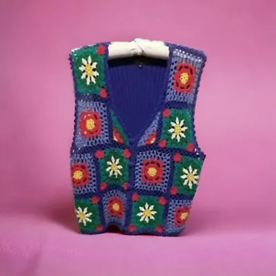 Carole Little Vintage Granny Square Knit Vest Women's Size XL Blue Red Green 90s • $34