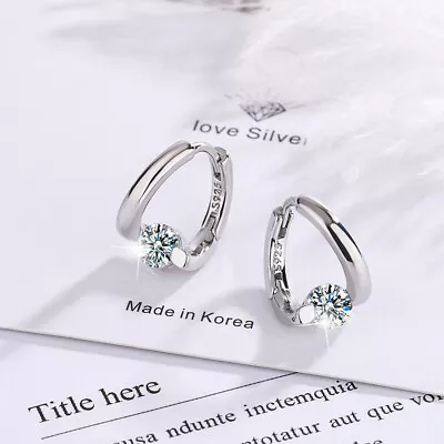 Womens 925 Sterling Silver Hoop Huggie Earrings Shiny Crystal Earrings 2 Color • $7.51