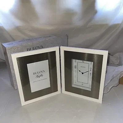 Bulova Wood Combination Picture Frame / Clock White With Brushed Pewter • $24.99