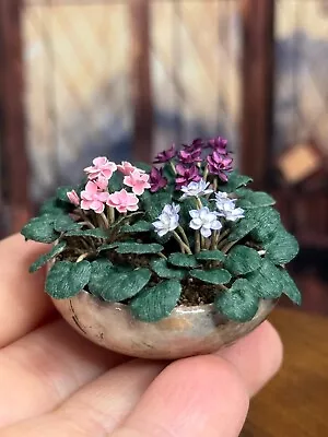 Vintage Miniature Dollhouse Artisan Carol Wagner Potted Violets In Pottery Bowl • $299.99