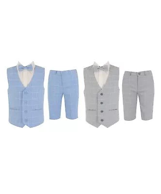 Boys Check Windowpane Waistcoat Set With Short For Wedding Pageboy Summer Party • £37.99