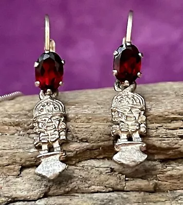 Mayan Deity Garnet Earrings With Sterling Silver-new-think Christmas ! • $26