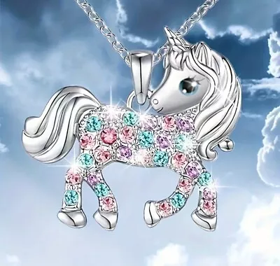 Beautiful Unicorn Pendant Rhinestone Necklace Sparkling Gift Idea • £3.97
