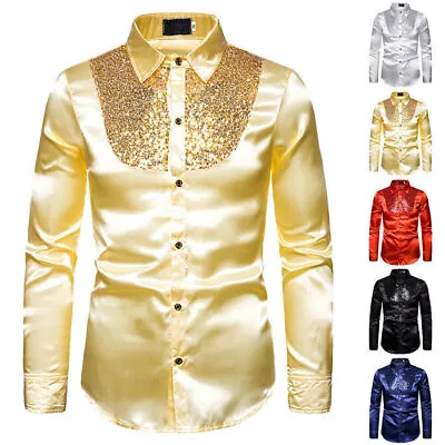 Men Sequin Glitter Shirts Tops Party Dance Show Costume Fancy Dress Long Sleeve! • £9.23