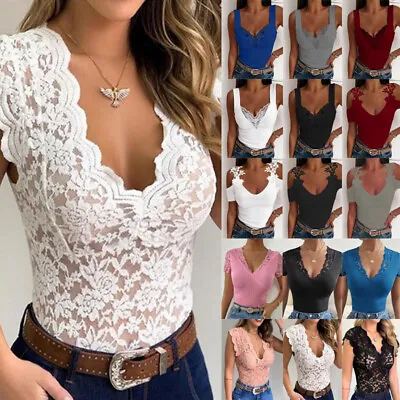 £4.99 • Buy Womens Sexy Lace V Neck Tank Vest Tops Ladies Summer Casual Sleeveless Blouse 12