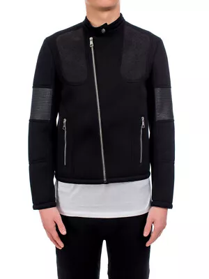 Neil Barrett Men's Neoprene Black Moto Asymmetrical Zip Designer Jacket Slim • $185