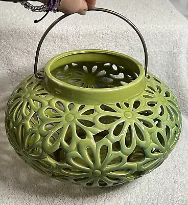 Decorative 9” Ceramic Cutout Wide Belly Avocado Green Lantern Indoor/Outdoor • $22.99