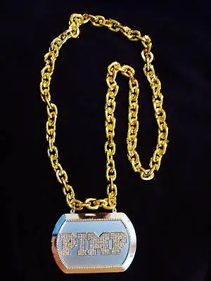 Shiny  Golden Pimp Plaque Chain  Mardi Gras Necklace Bead Bling Gag Prop (b168) • $7.50