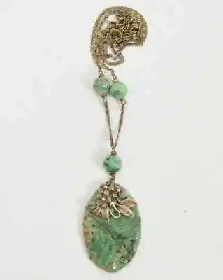 $239.99 • Buy Vintage Chinese Carved Jade Pendant W/ Applied Sterling Filigree Flower Necklace