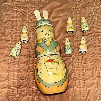 Vintage Painted Wooden Easter Bunny Nesting Doll 6 Tiny Bunny Babies • $10