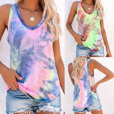 £9.39 • Buy Women Tie-Dye Sleeveless Tank Top Casual Loose Vest T-Shirt Ladies Summer Blouse