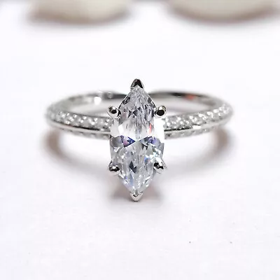 Marquise Cut Moissanite Solitaire With Accent Engagement Ring 14K Gold Plating • $135.20